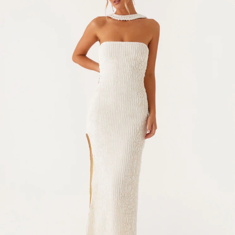 White Strapless Sheath Gown with Slit